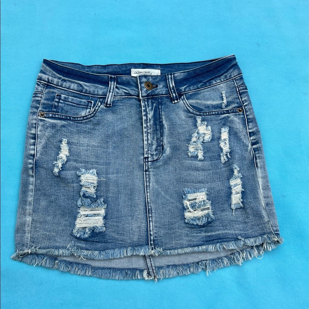 Ocean Drive Raw Hem Distressed Denim Mini Skirt